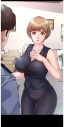 looking_at_another pornwha short_hair sleeveless spilled_drink wet_clothes