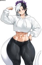 1girls abs absurd_res biceps big_breasts black_hair black_pants cromwellb flexing huge_thighs muscles muscular muscular_female muscular_legs muscular_thighs original purple_eyes purple_hair short_hair tail thick_thighs white_blouse white_hair