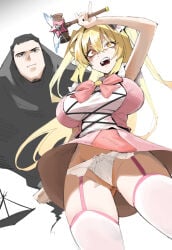 1boy 1girl anger_vein black_eyes black_hair blonde_hair bow bowtie breasts commentary_request cosplay don_quixote_(limbus_company) dress e.g.o_(project_moon) garter_straps gavel highres higuruma_hiromi holding_gavel in_the_name_of_love_and_hate_(e.g.o) jujutsu_kaisen korean_commentary large_breasts limbus_company long_hair meursault_(limbus_company) open_mouth panties pantyshot pink_bow pink_bowtie pink_garter_straps pink_skirt pink_vest project_moon scene_reference skirt underwear upskirt very_long_hair vest yellow_eyes