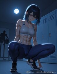 1girl abs ai_generated bare_shoulders black_hair blue_eyes blue_hair breasts cleavage full_moon indoors locker looking_at_viewer medium_breasts medium_hair midriff moon muscular muscular_female navel night nyx_x pants sensitive shoes short_hair smile sneakers solo sports_bra squatting tattoo