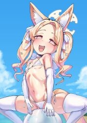 1girl animal_ears ball ball_(object) beach_ball blonde_hair blue_archive cloud clouds fangs female_masturbation flat_chest fox_ears grinding halo improvised_sex_toy inflatable long_gloves looking_at_viewer masturbation mesugaki on_ball pink_eyes pool_toy pussy_juice riding rubbing_pussy seia_(blue_archive) seia_(swimsuit)_(blue_archive) sitting sitting_on_ball sitting_on_beach_ball skimpy_bikini skindentation sky smug_face summer teasing teasing_viewer thighhighs white_bikini white_thighhighs yuzun404