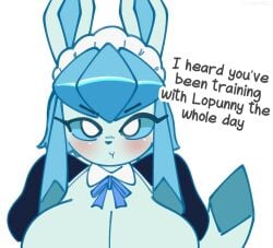 1girl 1girls 2026 2d_(artwork) anthro anthro_female anthro_only big_eyes blue_body blue_fur blue_hair blushing blushing_at_viewer blushing_female boobs breasts clothes clothing cute dialogue digital_drawing_(artwork) digital_media_(artwork) eeveelution female female_focus female_only female_pokemon game_freak generation_4_pokemon glaceon hi_res highres ice_type jealous jealous_female looking_at_viewer maid_headdress maid_outfit maid_uniform mochichi nintendo pokemon pokemon_(species) sexy solo solo_female solo_focus text white_background wholesome