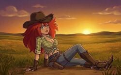 1girl 1girls ai_generated belly_button belt blue_jeans boots breasts cleavage clouds collared_shirt cowboy_boots cowboy_hat cowgirl cowgirl_(western) cowgirl_boots cowgirl_hat female female_focus female_only fingerless_gloves gloves grass green_shirt gun hands_behind_back hat holster holstered holstered_gun holstered_pistol holstered_weapon jeans knotted_shirt looking_at_viewer lying lying_on_butt nomad_of_nowhere on_bottom outdoors outside pistol red_hair rooster_teeth shirt skout sky solo solo_female solo_focus spurs sunset tied_clothing weapon zupern0va_(manipper)