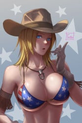 1girl american_flag american_flag_bikini american_flag_print artist_name bare_shoulders big_breasts bikini blonde_hair blue_eyes blush breasts brown_gloves cleavage collarbone commentary_request cowboy_hat cowgirl dead_or_alive dead_or_alive_5 flag_print flag_print_bikini gloves hat highres horseshoe_necklace horseshoe_ornament jewelry large_breasts looking_at_viewer medium_hair neck necklace open_mouth parted_lips print_bikini short_hair solo star_(symbol) star_symbol_background swimsuit tina_armstrong tomo_eokaiteru underboob upper_body white_gloves