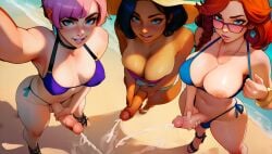 3girls ai_generated beach beach_background bikini cum cumshot cute futa_only futanari masturbation outdoors public_indecency