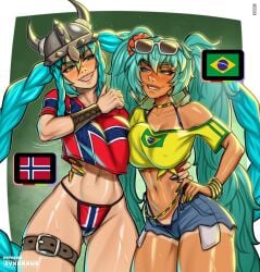 2026_fifa_world_cup 2d 2d_artwork 2girls aqua_hair big_boobs big_breasts big_tits boobs brazilian_flag brazilian_flag_print brazilian_miku breasts dark-skinned_female dark_skin digital_drawing_(artwork) digital_media digital_media_(artwork) duo duo_female duo_focus earrings eyewear_on_head female female_focus female_only flag_print flower hair_flower hair_ornament hatsune_miku helmet jewelry jpeg jpg long_hair multiple_girls norway norwegian_flag norwegian_miku shirt shorts sunglasses swimsuit tan tanline tits twintails vocaloid world_cup yellow_shirt zyxdraws