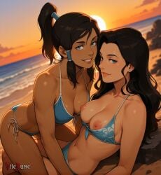 2girls ai_generated asami_sato beach bikini blue_eyes breasts_out high_ponytail korra nipples seductive_look seductive_smile sunset the_legend_of_korra