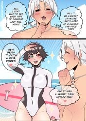 <3 1boy 1girls :3 black_hair blush capcom cheek_spots closed_eyes dangerousbride dante_(devil_may_cry) devil_may_cry dialogue english_text eyelashes female green_eyes heterochromia lady_(devil_may_cry) male red_eyes scar scar_across_nose smile sparkles speech_bubble surfboard swimsuit thought_bubble very_high_resolution white_hair