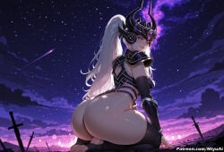 1girl ai_assisted ai_generated armor ass barefoot breasts cloud curvaceous curvy curvy_female curvy_figure female forehead_protector helmet huge_ass large_breasts league_of_legends long_hair looking_at_viewer looking_back miyuai night night_sky ponytail shooting_star shoulder_armor sitting sky smile solo star_(sky) starry_sky syndra thick thick_ass thick_butt thick_hips thick_legs thick_thighs thighs voluptuous voluptuous_female wide_hips wide_thighs