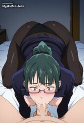 1boy 1girl :>= ai_generated all_fours anime anime_style ass bed blush bra breasts brown_eyes clothes_lift fellatio glasses green_hair hentai hetero hi_res high_ponytail jacket jujutsu_kaisen long_hair maki_zenin mystic_maidens nipples oral panties panties_under_pantyhose pantyhose patreon penis ponytail pov semi-rimless_eyewear skirt solo_focus uncensored underwear zenin_maki