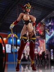 1girls abs almost_naked angel_blade angel_blade_(character) angel_blade_(cosplay) areolae arm_gloves arm_guards boobs breasts breasts_out brown_hair collar convention corset cosplay crossover dead_or_alive erect_nipples functionally_nude functionally_nude_female gem gloves hand_on_hip heart heart_symbol helmet hi_res high_heels honoka_(doa) jewelry long_hair long_twintails midriff milkers moena_shinguuji nipples nude nude_female pose pubic_hair public public_exposure public_indecency public_nudity pussy pussy_lips sign skyarsenic standing stands sword tan_body tan_skin tanline thick_thighs thighhighs thighs tits twintails vagina weapon