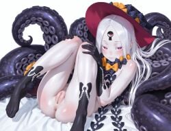 1girl abigail_williams_(fate) abigail_williams_(third_ascension)_(fate) ai-created ai_art ai_generated anus aroused ass bed_sheet black_bow blush bow cleft_of_venus colored_extremities colored_skin fat_mons fate/grand_order fate_(series) forehead from_side hands_on_own_knees hat keyhole knees_together_feet_apart looking_at_viewer lying narrowed_eyes on_back orange_bow petite pussy red_eyes rinka5693 seductive_smile simple_background solo tentacles third_eye white_background white_hair