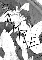 2boys arm_behind_head arm_up ass blush collarbone completely_nude couch demon_boy demon_horns eyelashes female greyscale hair_between_eyes hair_bun hatching_(texture) highres horns long_hair looking_at_another lying monochrome multiple_boys nude on_back original parted_lips pointy_ears sample_watermark smile standing straight survival_yaiba sweat teeth testicles veins wide-eyed