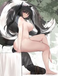 1boy 1girls animal_ears ass ass ass_on_face big_ass big_breasts big_butt black_hair bondage bondage facesitting looking_at_viewer multicolored_hair side_view sideboob skunk skunk_girl skunk_tail smaller_male tail thick_thighs tied_up tsuchiro twintails white_hair