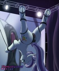 bondage bound clitoral_winking clitoris coloratura_(mlp) equid equine female friendship_is_magic genitals hair hasbro hi_res horse invalid_tag looking_back mammal moan my_little_pony pony ponytail screen spread_legs spreading stage thehuskylord upside-down