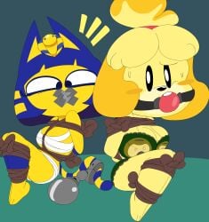 2022 absurd_res animal_crossing ankha arms_behind_back arms_tied_behind_back ball_gag bondage bound bound_arms bound_legs canid canine canis deviantart felid feline felis female female_focus female_only gag gagged isabelle_(animal_crossing) multiple_girls multiple_subs nintendo png redstheatre restrained tape_gag taped_mouth tied tied_up x-gag