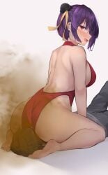 1boy 1girls ass_on_face big_ass big_butt blush china_dress chinese_clothes chinese_dress double_bun facesitting fart fart_cloud fart_fetish farting farting_in_face looking_at_viewer looking_back looking_back_at_viewer open_mouth purple_hair rear_view red_eyes smile thick_thighs tsuchiro