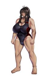 1futa breasts brown_hair bulge clothed clothing dark-skinned_futanari dark_skin futa_only futanari huge_breasts human long_hair mostly_clothed muscular muscular_futanari nosame penis ponytail solo standing swimsuit