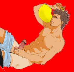 banana bar_censor boxers brown_hair erection facial_hair gintama goatee holding_penis kondou_isao kumi_(pixiv) leaning_back looking_at_viewer male male_only muscular muscular_male pants_down penis penis_out pillow red_background solo spiky_hair stubble toned toned_male topless topless_male underwear underwear_down