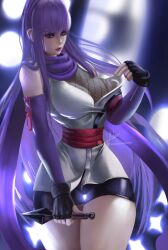 bad_anatomy bare_shoulders big_breasts bike_shorts cleavage detached_sleeves elbow_gloves female female_only fingerless_gloves fishnet gintama glasses_removed gloves hlulani japanese_clothes kunai kunoichi long_hair looking_at_viewer mesh_shirt mole_under_eye obi purple_hair sarutobi_ayame scarf shirt_pull shorts solo solo_female thick_thighs thigh_gap thin_waist very_long_hair weapon wide_hips