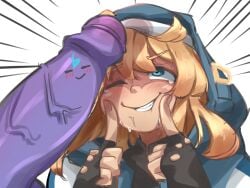 2boys big_penis bigpain blonde_hair blue_eyes blush bridget demon docu_(doppel) erection femboy fingerless_gloves gloves guilty_gear guilty_gear_strive hoodie huge_cock light_skin long_hair male male_only original_character penis_awe penis_on_face purple_penis purple_skin smile sweat veiny_penis