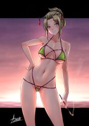 adsouto alternate_version_available bikini blonde_hair cameltoe cleavage facial_scar female female_only frown gintama green_bikini hair_ornament hand_on_hip kiseru looking_at_viewer medium_breasts nipple_bulge pipe pubic_hair pubic_hair_peek purple_eyes scar smoking solo sunset swimsuit tied_hair tsukuyo