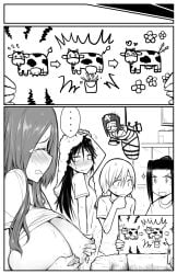 3koma 5girls arisawa_tatsuki bleach blush bovine breasts chizuru_honsho closed_eyes comic doujinshi female high_resolution honshou_chizuru inoue_orihime karin_kurosaki kurosaki_karin kurosaki_yuzu lactation large_breasts long_hair multiple_girls nipples open_mouth restrained short_hair sisters smile suspension tatsuki_arisawa tied_hair towel twins twintails yuriwhale yuzu_kurosaki