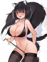 1boy 1girls animal_ears big_breasts black_bra black_hair black_legwear black_thighhighs blush cleavage face_in_ass fart_worship forced_to_sniffing japanese_text leash leash_pull legwear open_mouth short_hair shoulder_length_hair skunk skunk_girl skunk_tail smile tail text thick_thighs thighhighs tsuchiro yellow_eyes