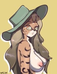 anthro breasts clothing eyewear felid feline female glasses green_clothing green_hat green_headwear hat headgear headwear mammal nipples pink_nipples pinup pose smile solo welive