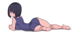 1girls ass ass_focus black_hair character_request feet female female_only laying_down laying_on_stomach lentiyay looking_back one-piece_swimsuit purple_eyes short_hair soles solo solo_female swimsuit tagme tight_clothing white_background