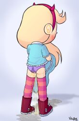 ass back_view clothed_female disney omorashi panties peeing peeing_self piss_soaked piss_soaked_clothes puddle purple_panties skirt_lift star_butterfly star_vs_the_forces_of_evil wetting wetting_self yellowzonemx