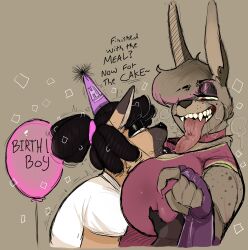 1boy 1girls anthro anthro_on_anthro anthro_only balloon beauty_mark big_breasts birthday breasts bunny bunny_ears canid canine choker confetti dazed dialogue euphemism extreme_french_kiss eyeliner female french_kiss grabbing_breasts larger_female long_tongue lowkey_nottoast male male/female ponytail saliva saliva_on_face saliva_on_tongue saliva_trail sharp_teeth straight tagme white_shirt