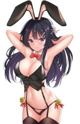 1girls armpits bare_shoulders bell belly_button black_hair blackheartxiii blush bowtie breasts bunny_costume bunny_ear bunny_ears bunny_girl bunny_tail bunnygirl bunnysuit closed_mouth collar detached_collar exposed_breasts eyebrows_visible_through_hair female female_only garter_belt garter_straps hair_ornament hands_behind_head lingerie long_hair looking_at_viewer medium_breasts nipples presenting presenting_breasts purple_eyes red_bow ribbon sakurajima_mai seishun_buta_yarou_wa_bunny_girl_senpai_no_yume_wo_minai shiny_skin solo solo_female stockings sweat sweatdrop thighhighs white_background