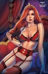 1girls blue_eyes boobs bra cleavage femme_fatale garter_belt garter_straps golden_crown large_breasts lingerie long_hair looking_at_viewer red_bra red_hair red_lingerie red_lipstick red_stockings red_thong redhead robyn_hood seductive seductive_look solo_female stockings thong tiara zenescope