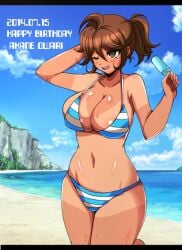 2022 afuro beach big_breasts bikini bikini_bottom bikini_top blue_bikini blue_bikini_bottom blue_bikini_top blush_lines breasts brown_hair cliff cloud clouds cloudy_sky danganronpa danganronpa_2:_goodbye_despair danganronpa_s:_ultimate_summer_camp eyebrows_visible_through_hair eyelashes eyelashes_visible_through_hair green_eyes ice_cream large_breasts medium_breasts one_eye_closed owari_akane popsicle popsicle_stick rocks sand sea seaside skimpy_bikini sky smooth_skin super_danganronpa_2 sweat tan_body tan_lines tanlines tanned tanned_female tanned_skin thick_thighs thighs visible_nipples water