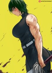 1girls batako big_breasts breasts burn_scar female female_only glasses goes_hard green_hair jujutsu_kaisen muscular muscular_female scar scar_across_eye scar_on_face solo solo_female sword zenin_maki