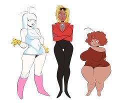 3girls aqua_teen_hunger_force belly big_ass big_breasts blonde_hair bombusaya boots brown_hair clothing curly_hair curvy dark_skin dreadlocks dress female_only freckles frylock genderswap gloves hime_cut light_skin master_shake meatwad medium_breasts rule_63 shirt shortstack t-shirt thick_thighs two_tone_hair white_hair wide_hips