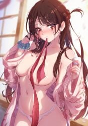 1girls blush breasts brown_hair female kanojo_okarishimasu kimono large_breasts light-skinned_female looking_at_viewer mitsu_art mizuhara_chizuru no_bra panties solo white_panties