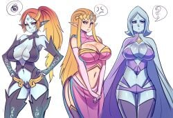 2012 3girls alternate_breast_size anger_vein armless big_breasts blonde_hair blue_hair blue_skin breasts cleavage clothed clothes crown female female_only fi garter_belt grey_skin hair hourglass_figure huge_breasts hyrule_warriors large_breasts long_blonde_hair long_hair long_orange_hair long_ponytail maniacpaint midna multiple_girls nintendo orange_hair ponytail princess_zelda question_mark skyward_sword speech_bubble spoken_anger_vein spoken_question_mark spoken_squiggle squiggle stockings the_legend_of_zelda tiara twili_midna twilight_princess white_background zelda_(hyrule_warriors)