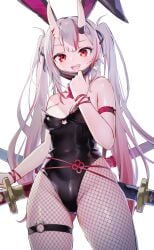 1girls 2d 2d_(artwork) alternate_version_available ass_visible_through_thighs ayaoshiro bunny_ears bunnysuit cleavage earrings eyebrows_visible_through_hair fangs female female_focus female_only fishnet fishnet_legwear fishnets hololive hololive_gen_2 hololive_japan horn horns leotard long_hair looking_at_viewer mask medium_breasts nakiri_ayame oni oni_horns red_eyes simple_background slim_waist smile smiling smiling_at_viewer solo solo_female solo_focus sword thigh_belt toned toned_female twintails very_long_hair virtual_youtuber white_background white_hair