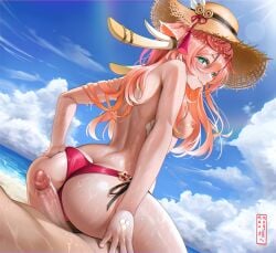 1boy 1girls absurdres aether_(genshin_impact) anus anus_peek ass ass_cleavage bangs bare_arms bare_shoulders barefoot beach bikini bikini_bottom_only blue_sky blush breasts butt_crack buttjob censored closed_mouth cloud cloudy_sky commentary_request commission cowgirl_position day dutch_angle elocca erection female from_behind genshin_impact green_eyes hair_between_eyes hand_on_own_ass hat highres horizon horns light-skinned_female light-skinned_male light_skin long_hair looking_at_viewer looking_back medium_breasts mosaic_censoring nipples ocean outdoors partially_visible_vulva penis pink_hair puckered_anus sky smile solo_focus straddling straight straw_hat sun_hat sweat swimsuit thighs topless water wet yanfei_(genshin_impact)