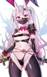 1girls 2d 2d_(artwork) alternate_version_available ass_visible_through_thighs ayaoshiro bare_midriff belly belly_button bunny_ears eyebrows_visible_through_hair female female_focus female_only hololive hololive_gen_2 hololive_japan horn horns long_hair looking_at_viewer mask masked masked_female medium_breasts nakiri_ayame oni oni_horns red_eyes simple_background slim_waist solo solo_female solo_focus sword thong toned toned_female twintails underboob very_long_hair virtual_youtuber white_background white_hair