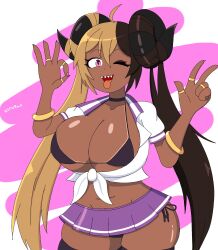 aife_(zanamaoria) blowjob_gesture bracelet curved_horns dark-skinned_female dark_skin female female_only horns miniskirt original original_character pointy_teeth purple_eyes ring stronknsfw succubus tongue tongue_out two_tone_hair