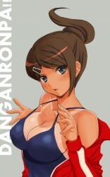 asahina_aoi breasts danganronpa danganronpa:_trigger_happy_havoc danganronpa_1 female_only large_breasts one-piece_swimsuit seiru_(prairie) smooth_skin swimsuit swimsuit_pull tan_lines tanned tanned_female tanned_skin