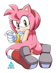 amy_rose boots_only condom coolblue exposed_torso footwear furry handwear hedgehog pink_fur pink_hair solo sonic_(series)