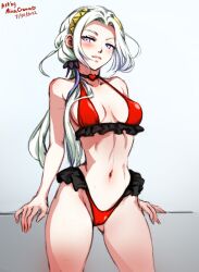 1girls alternate_costume alternate_hairstyle armor artist_name ass_visible_through_thighs bangs bare_arms bare_thighs bikini blush breasts choker cleavage dated edelgard_von_hresvelg female female_only fire_emblem fire_emblem:_three_houses fire_emblem_warriors:_three_hopes frilled_bikini frills hair_ribbon long_hair looking_at_viewer medium_breasts minacream navel nintendo official_alternate_hairstyle parted_bangs ponytail purple_eyes red_bikini red_swimsuit ribbon sideboob smile solo swimsuit thighs white_hair