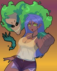 aaravi_mishra angry big_hair blue_hair boobs bra bracelet breasts brown_body brown_skin female ghost green_eyes hex_(monster_camp) hex_(monster_prom) jean_shorts jeans kikichan95 long_hair medium_breasts monster_camp monster_prom necklace pose posing punch purple_hair request shirt shorts transparent_clothes transparent_clothing