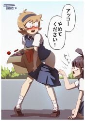 2girls holding_box holding_object kagari_atsuko little_witch_academia lotte_yansson multiple_girls panties pants_down pants_pulled_down pantsed phinci tagme translation_request