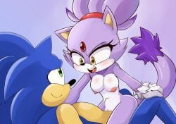 1boy 1girls anthro areolae blaze_the_cat blue_fur breasts chesterzee cowgirl_position female furry gokubuttonzee green_eyes interspecies looking_at_partner male naked nipples nude open_mouth purple_fur sex smile sonic_(series) sonic_the_hedgehog stomach_bulge straight tail vaginal_penetration yellow_eyes