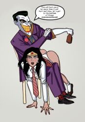 1boy 1girls 2d ass batman_(series) dc_comics dcau defeated_heroine diana_prince duo earrings female footwear grin hairbrush imminent_spanking jack_napier joker looking_at_viewer lying lying_on_person male nail_polish necktie neckwear on_lap on_stomach over_the_knee_spanking panties parted_lips piercing red_nails school_uniform schoolgirl schoolgirl_uniform shoes simple_background skirt skirt_lift skirt_up spanking speech_bubble star_earrings straight superheroine teeth_clenched underwear unknown_artist white_body white_panties wonder_woman wonder_woman_(series)